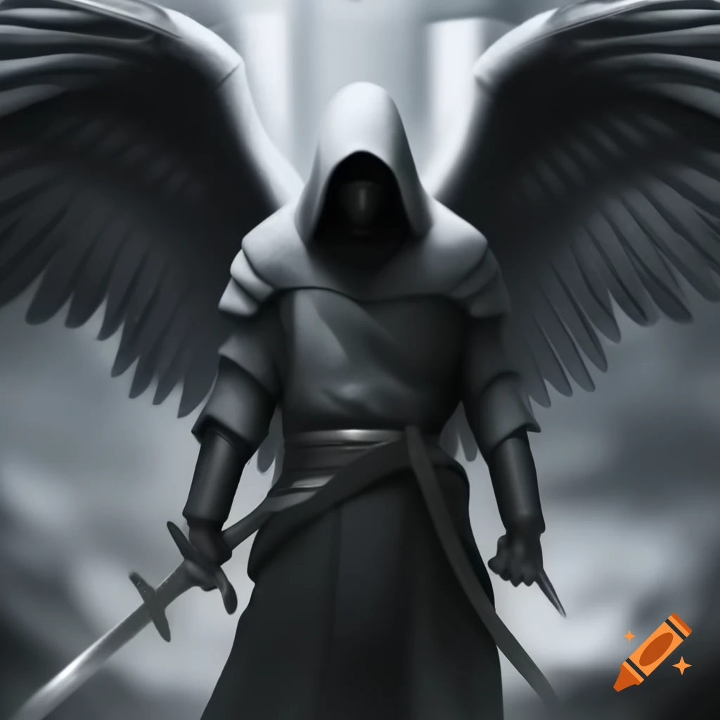 Realistic hooded guardian with wings holding a sword in greyscale