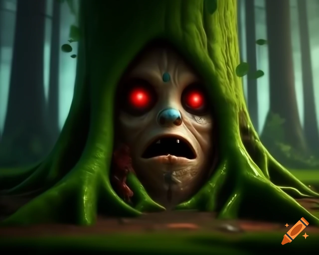 Creepy human face made of bark on tree in woods, 3D CGI anime fantasy