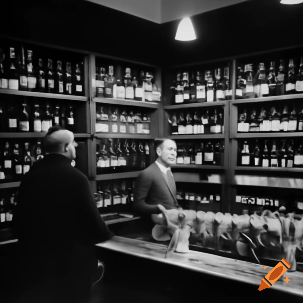 Vintage photo of liquor store with wine shelves and customers