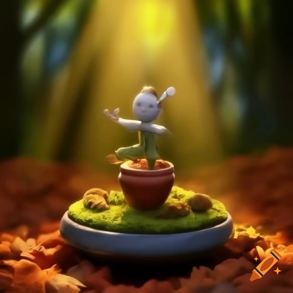 Whimsical figure made of autumn leaves dancing on moss-covered terracotta pot in vibrant forest
