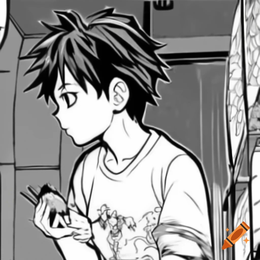 Manga of short boy reuniting with furry fox cousin in black and white anime style