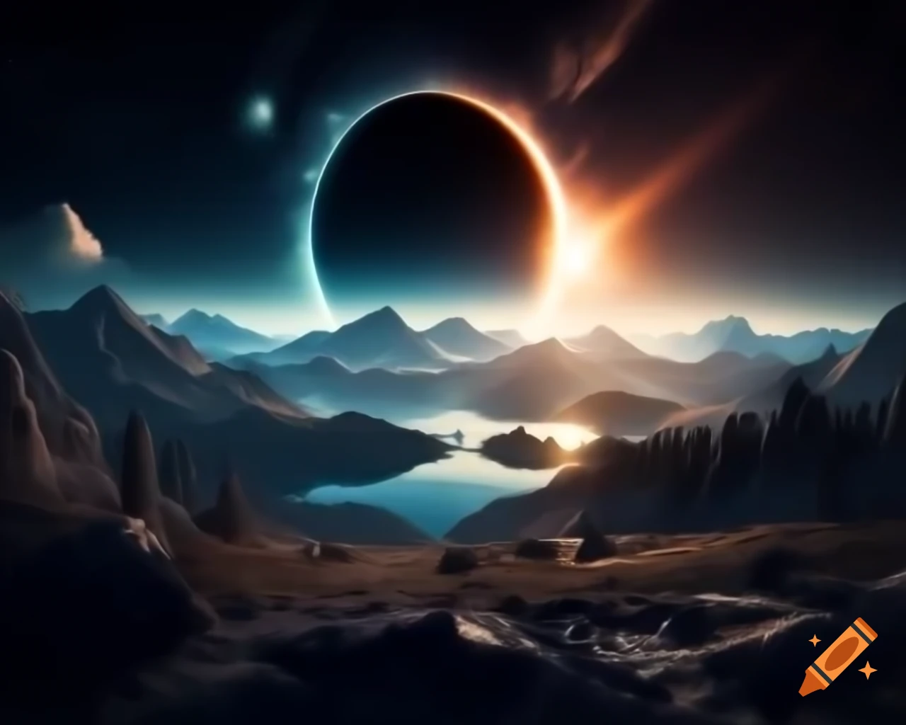 3D representation of mountain lake at sunset with sun rays and island