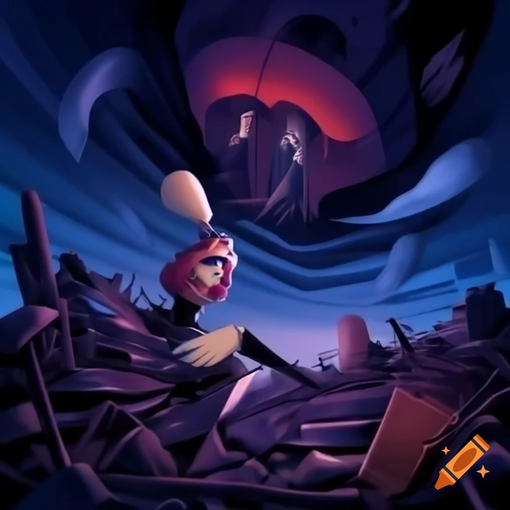Surreal scene with alien goddess vampire angel amidst battle wreckage