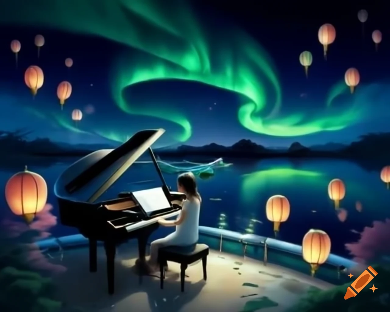 Woman playing piano on lake at night with luminous dolphins and whales, northern lights and floating lanterns