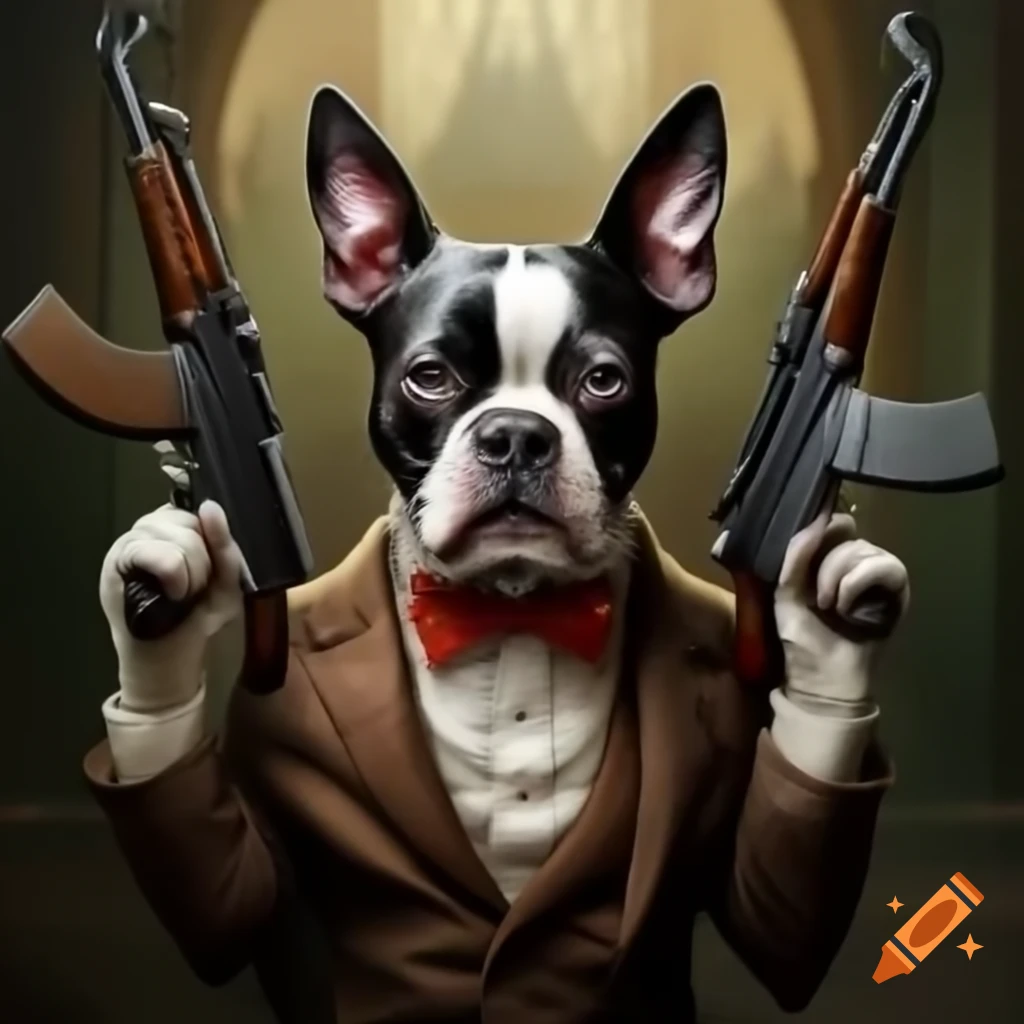 Boston terrier and AK-47 juxtaposition