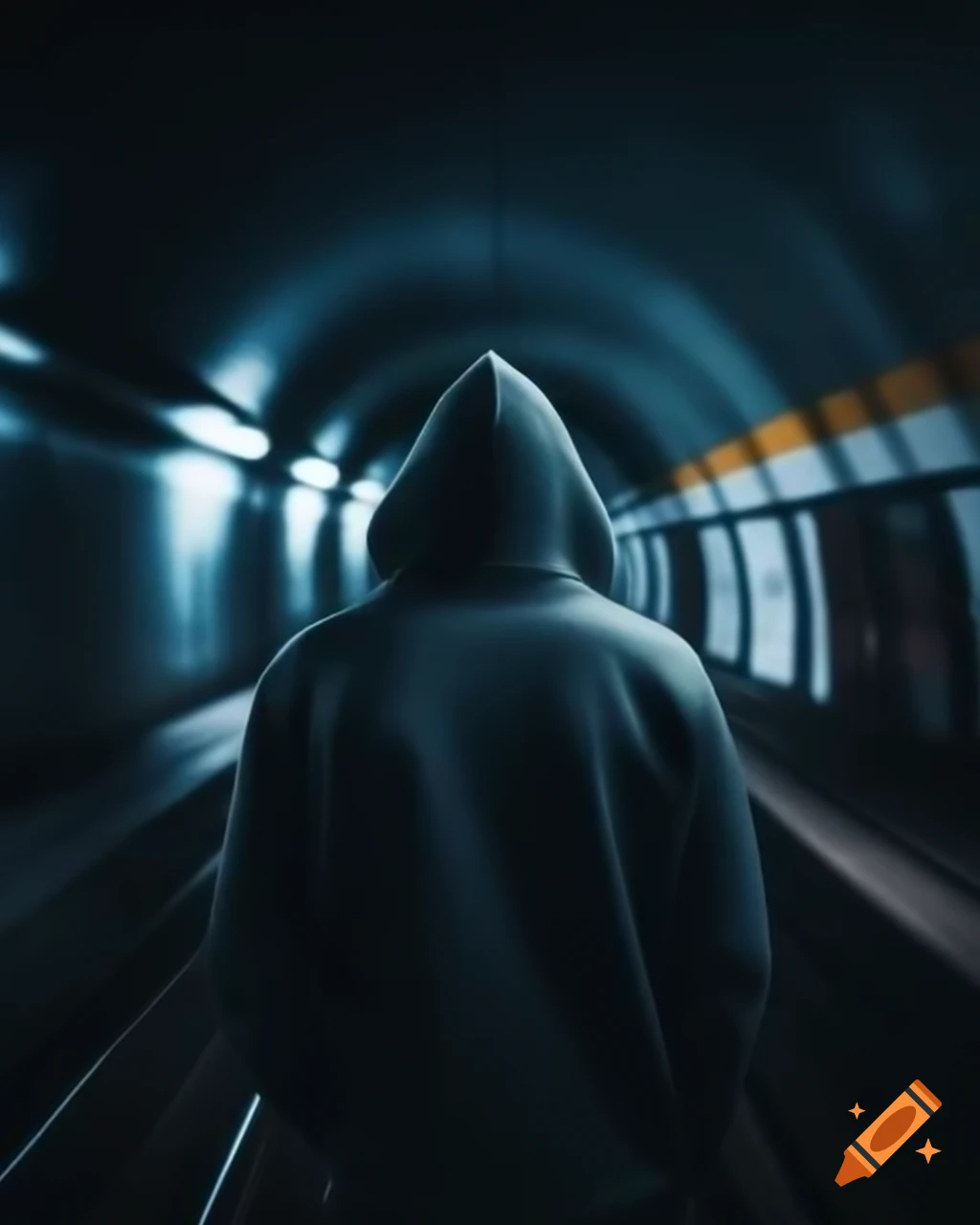 Silhouette of a person in a hoodie in an underground train tunnel