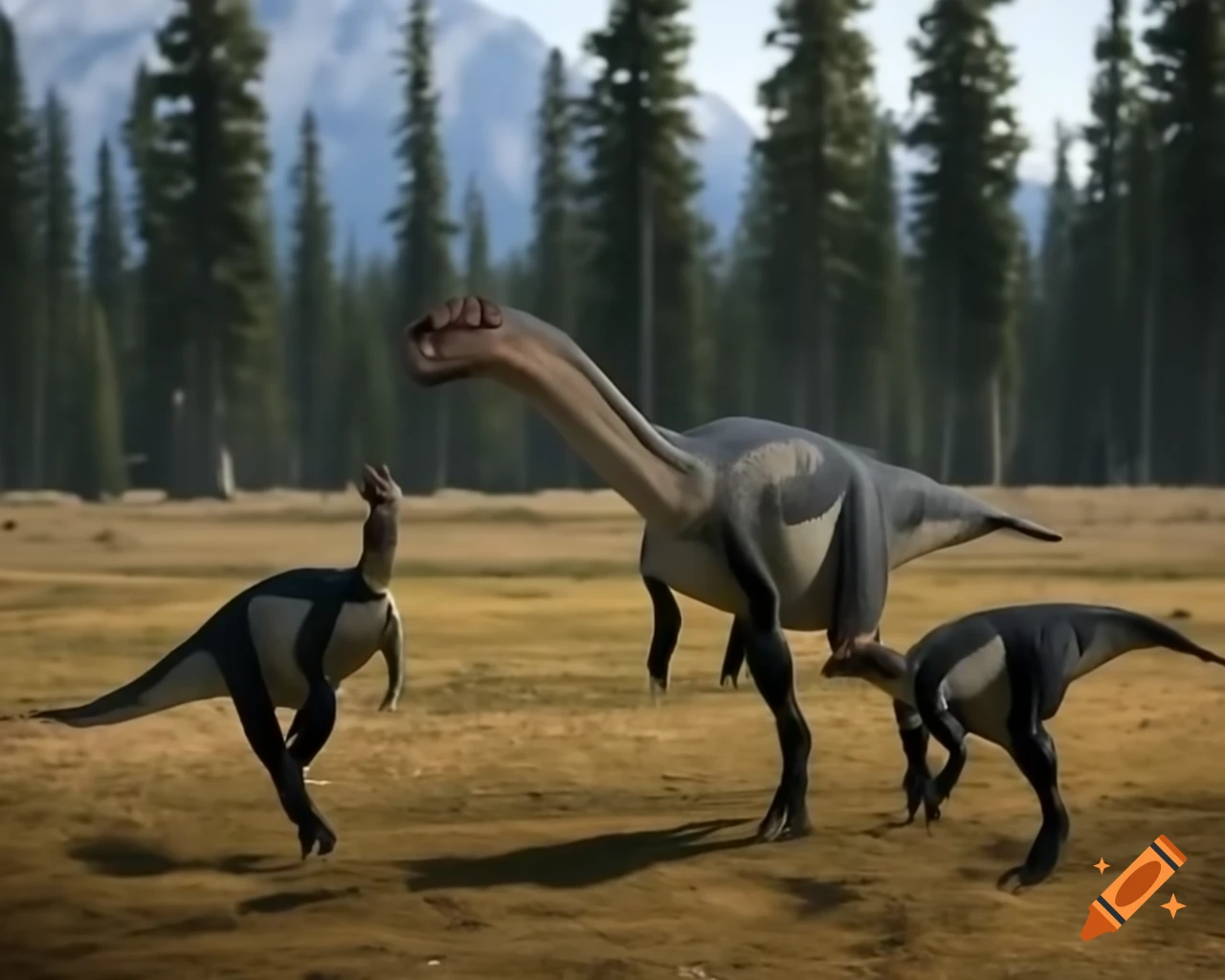Crested hadrosaurus crossing rough terrain with dead trees in British Columbia, morning light