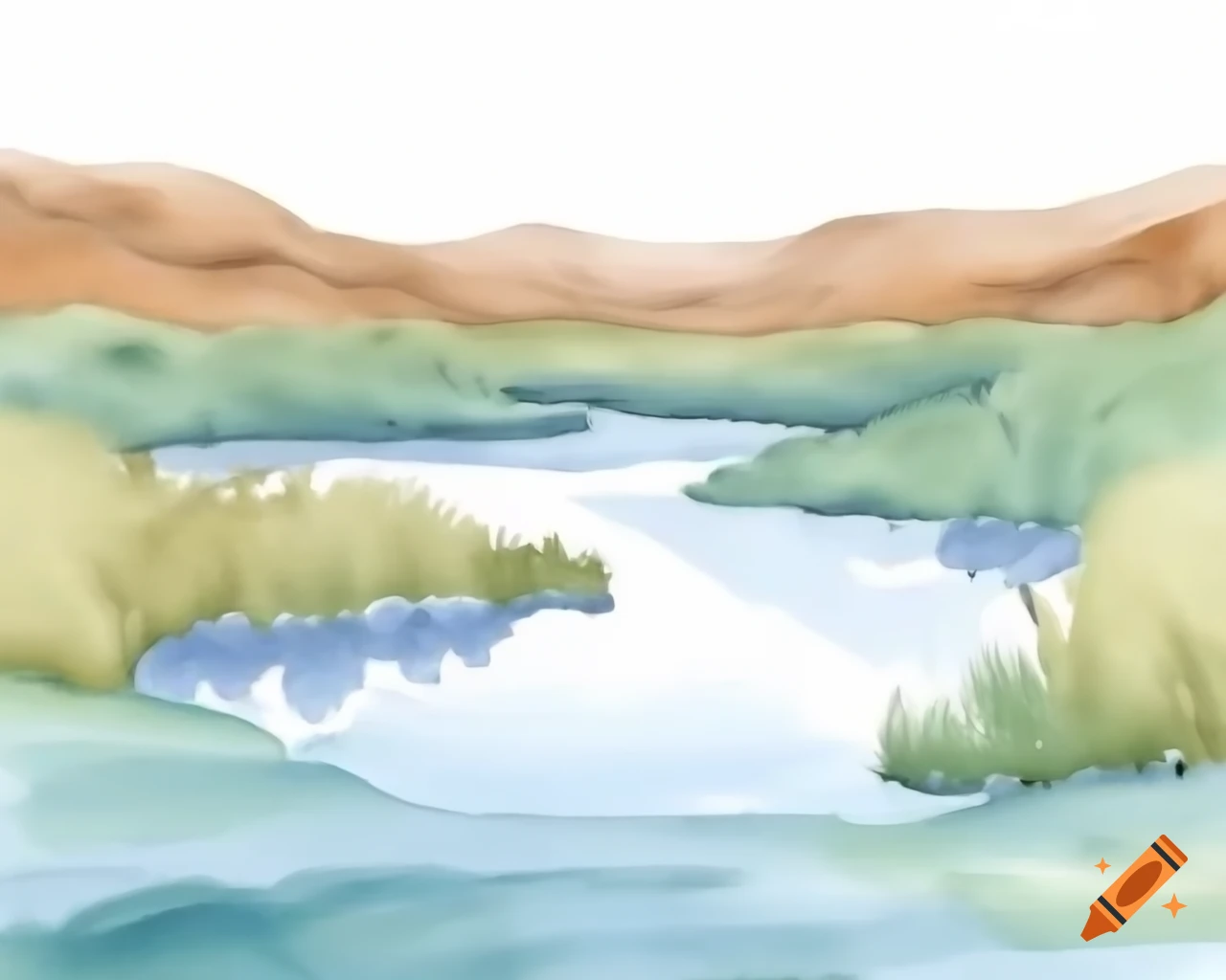 Australian waterhole in natural watercolor shades, inspired by Albert Namatjira
