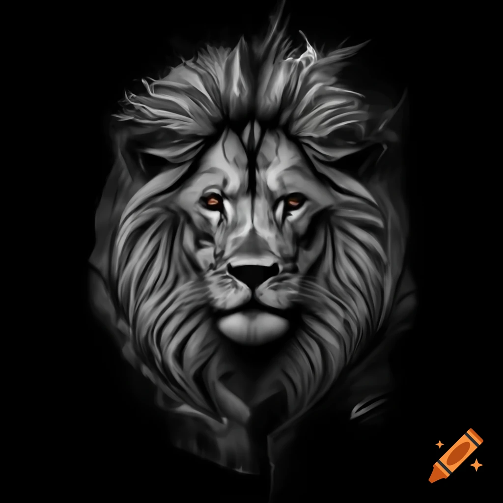 Detailed hand-drawn sketch of a lion in white ink on a black background