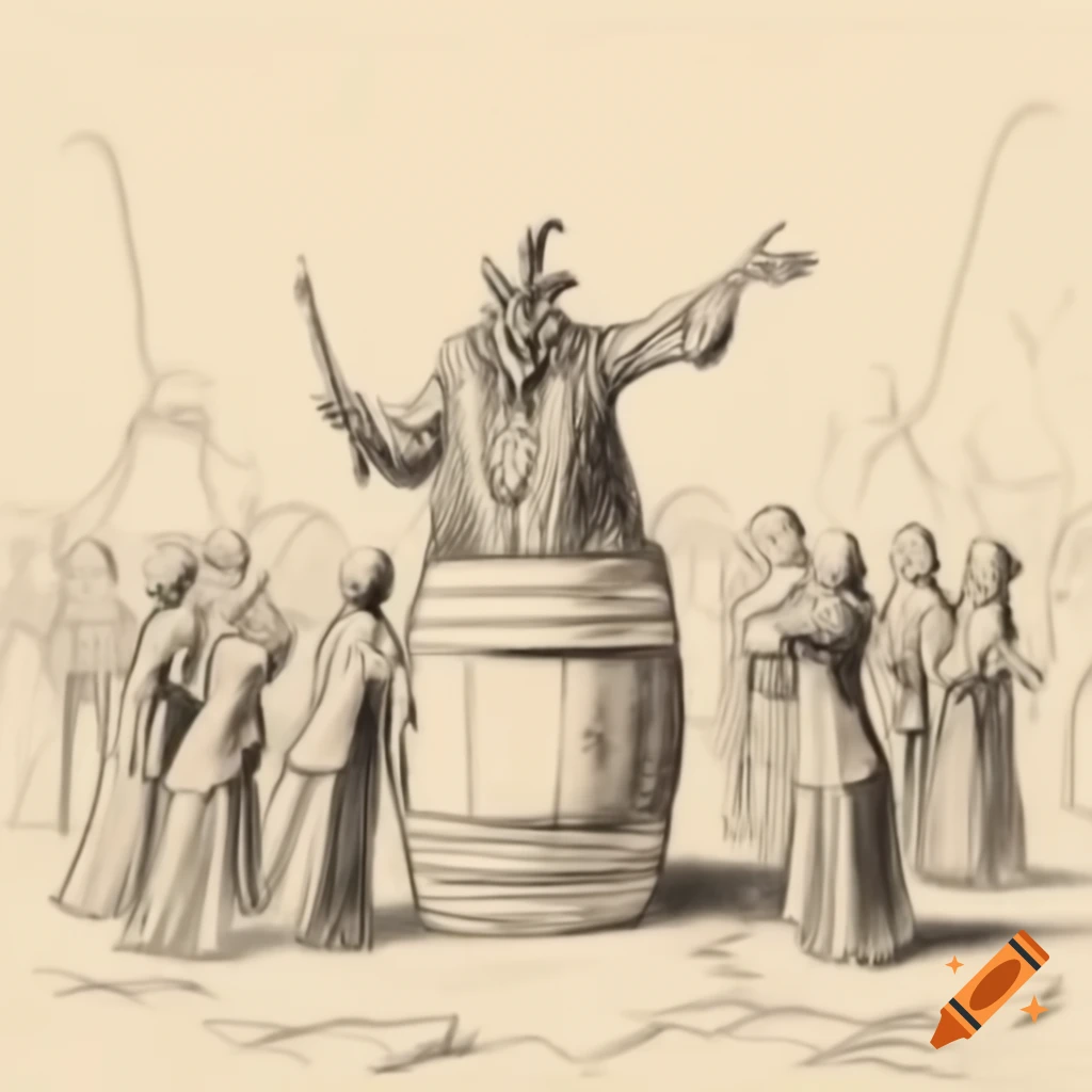 Pen sketch of mage on barrel gesturing to awed crowd