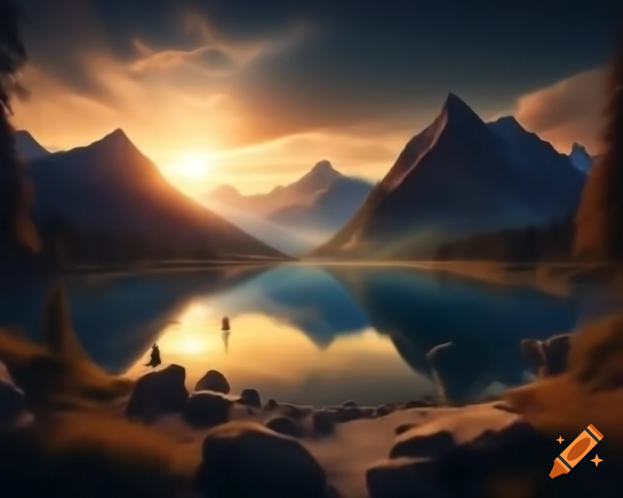 Photorealistic 3D render of mountain lake at sunset with sun rays and island