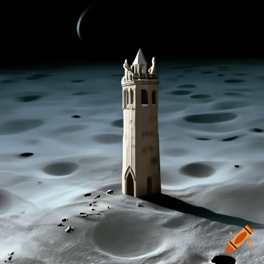 Medieval tower painted on the moon's surface, oil painting