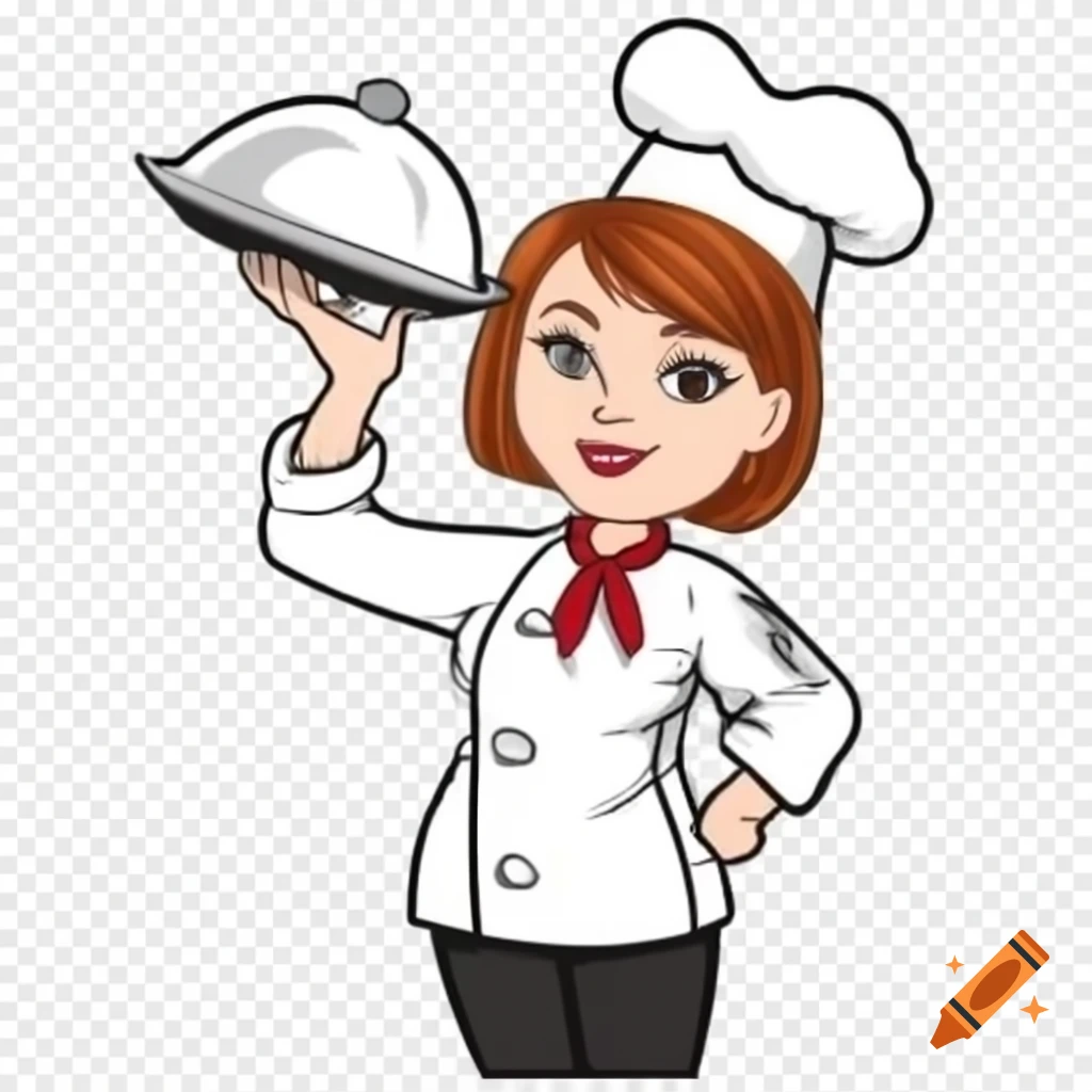 Female pizzaiolo in chef attire with bob haircut, drawing on transparent background
