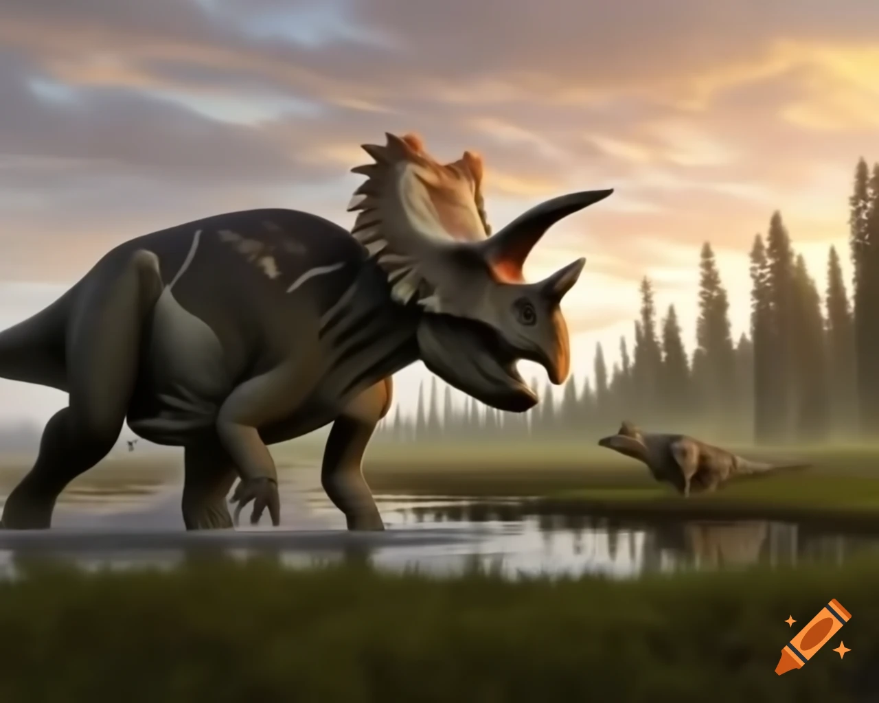 Herd of protoceratops crossing marsh during golden hour in British Columbia