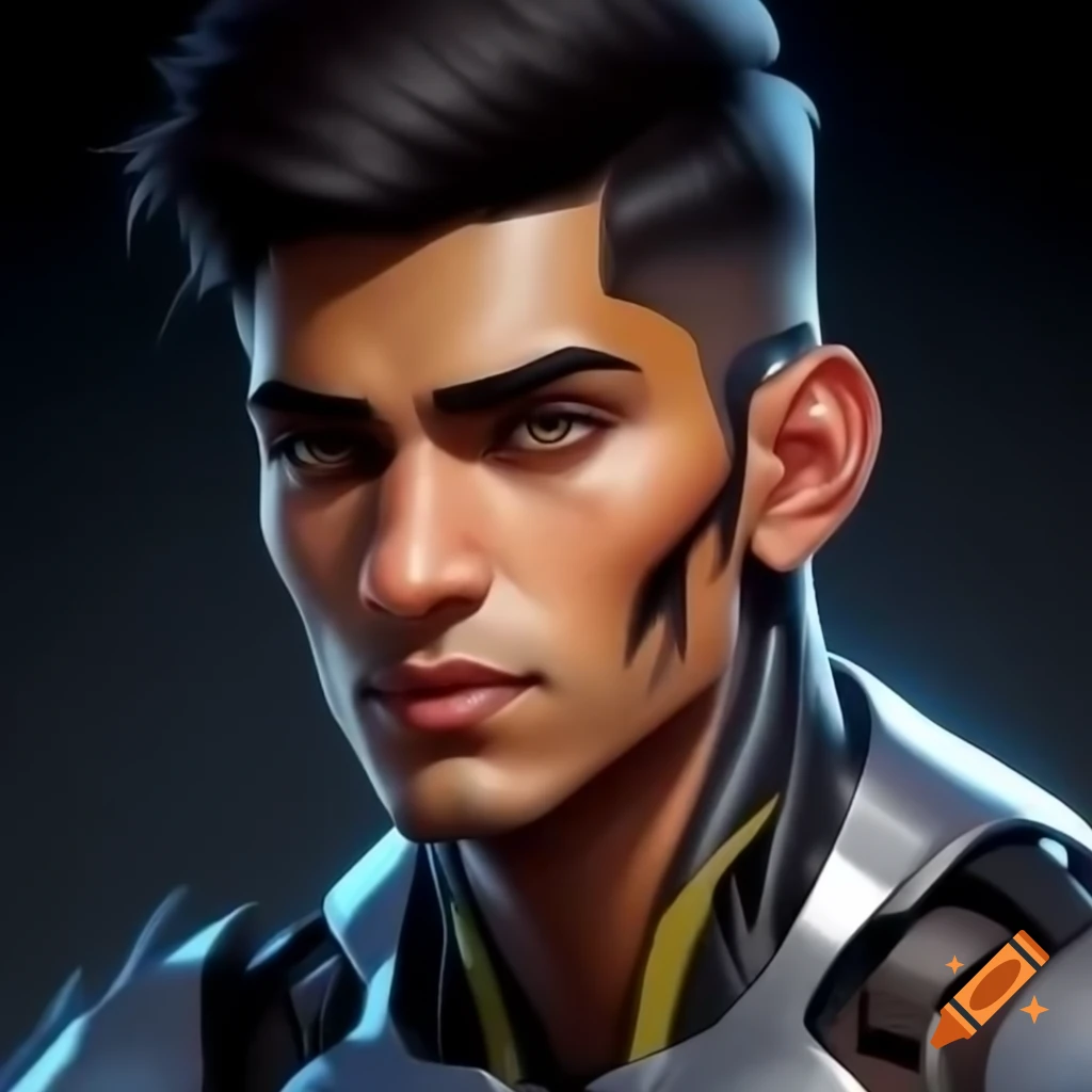 Young Indian male cyborg with metallic skin and short hair