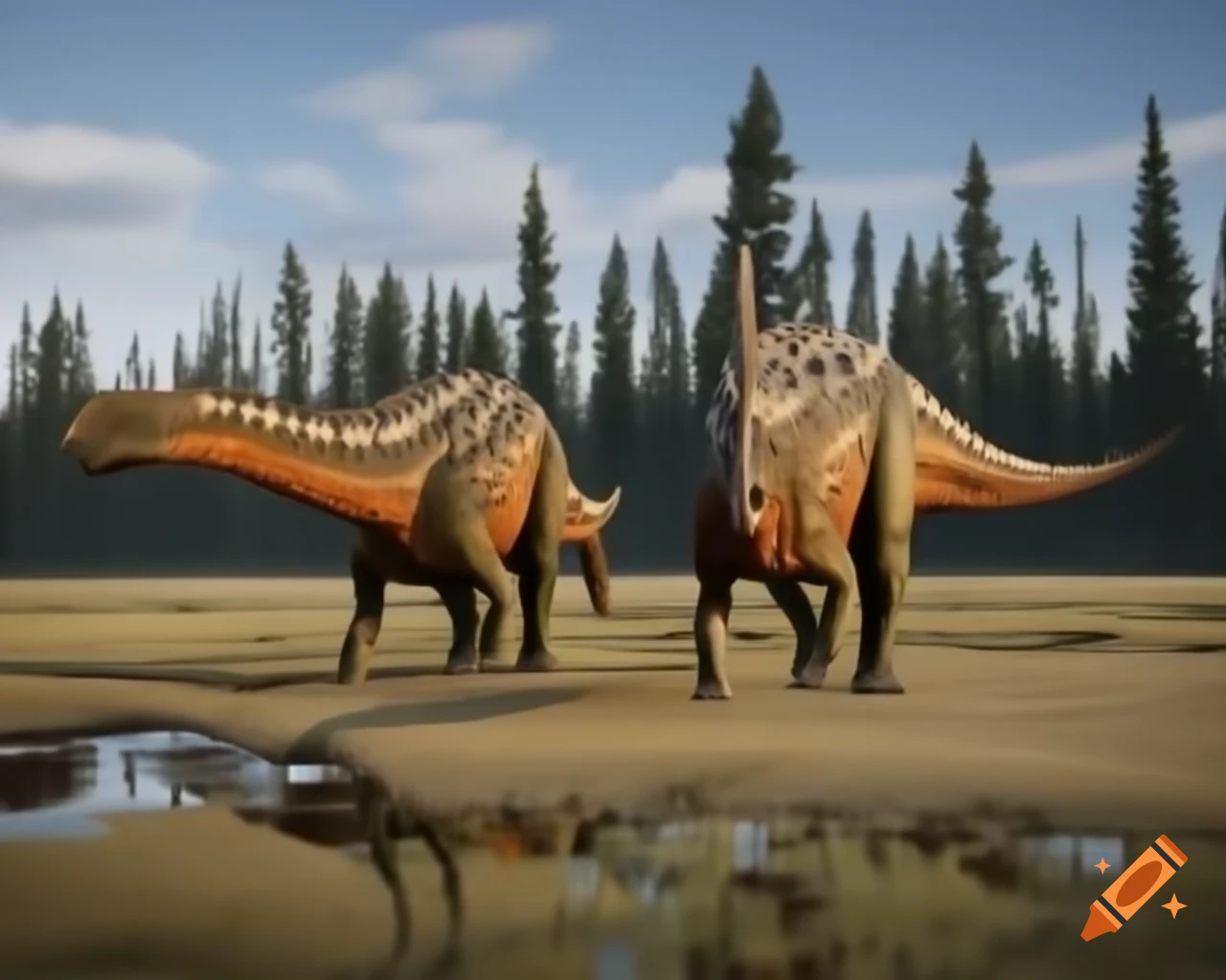 Hadrosaurus crossing rugged terrain with briars and dead trees in British Columbia, morning scene