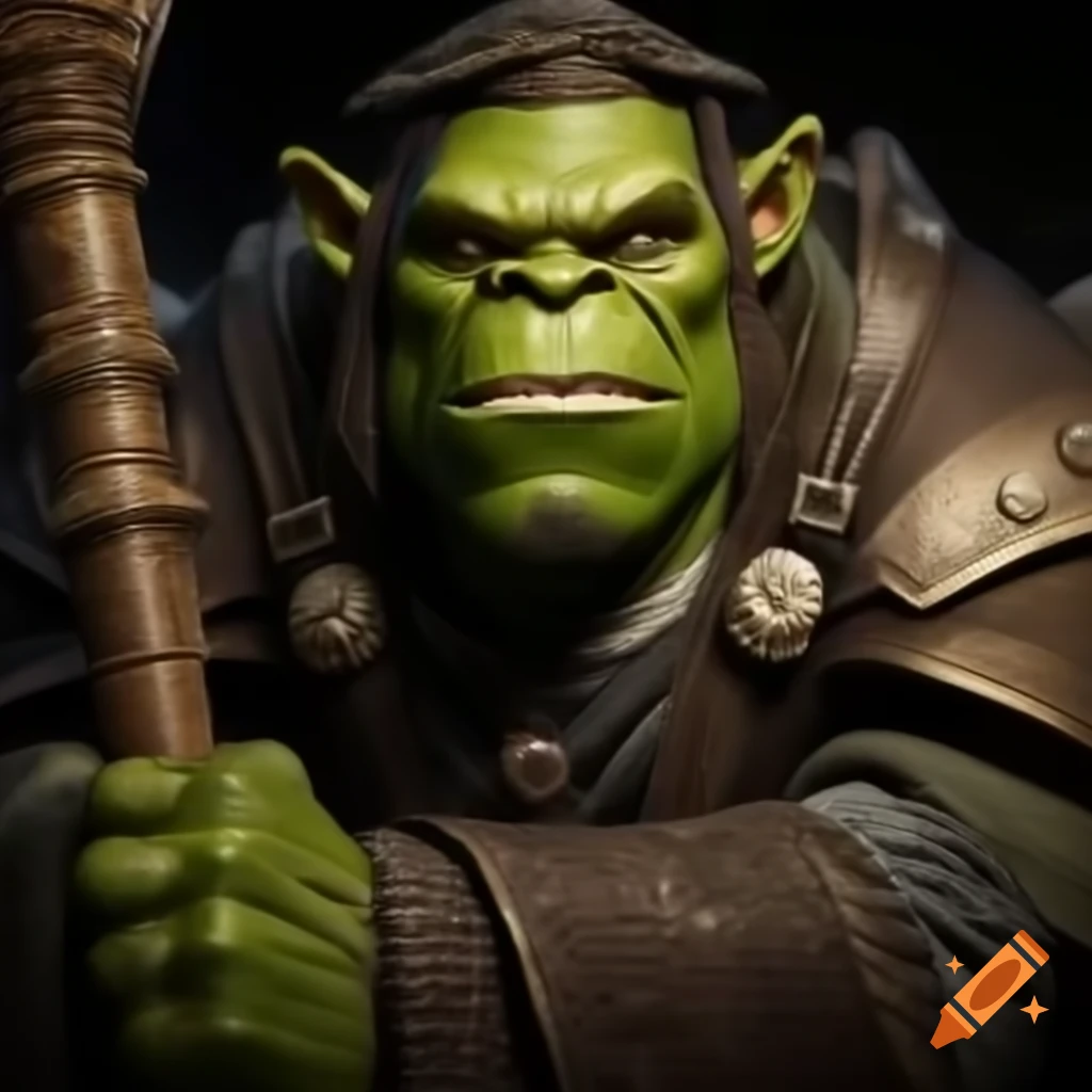 Smirking green orc professor in university mantle and cap holding scrolls