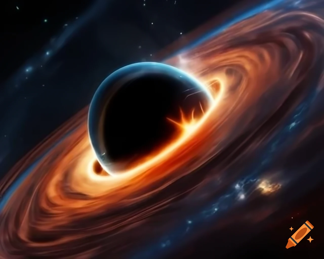Realistic black hole in star-filled space with artistic anamorphic lens flare