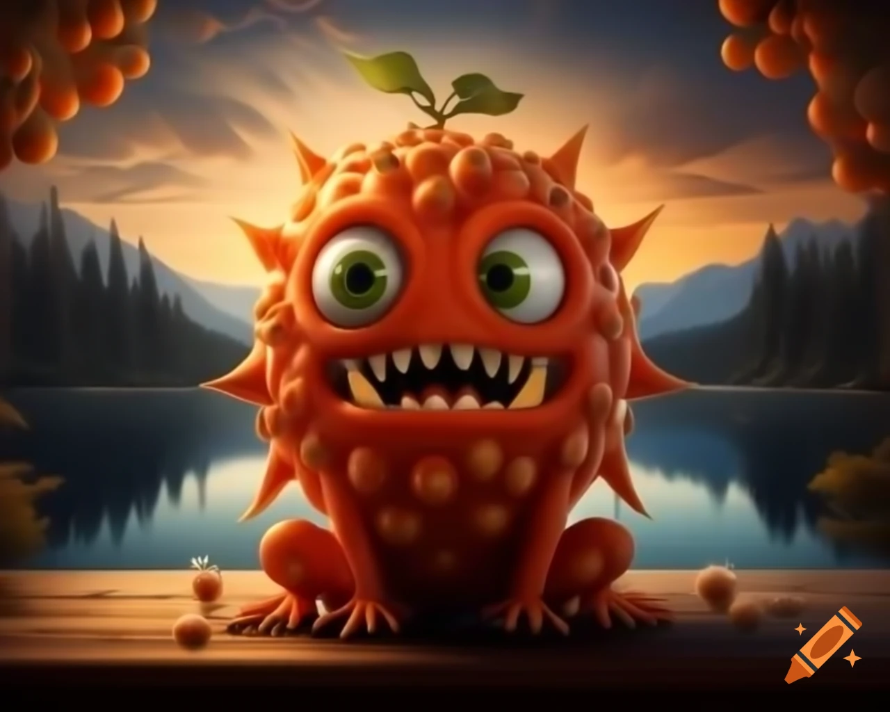 3D orange tree monster with human face on wooden table in forest