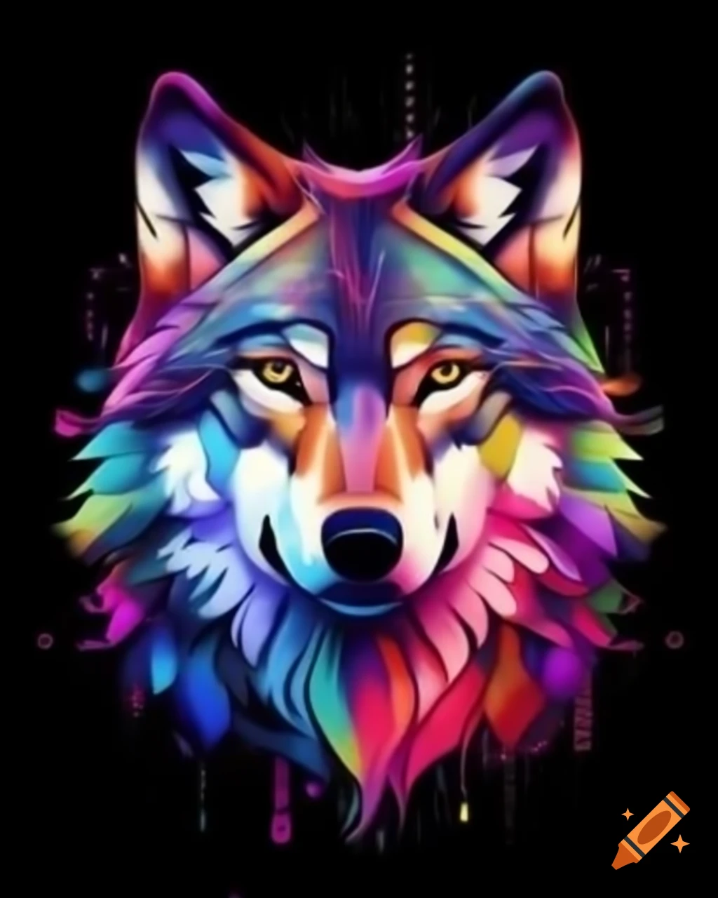 Colorful abstract wolf art on black background