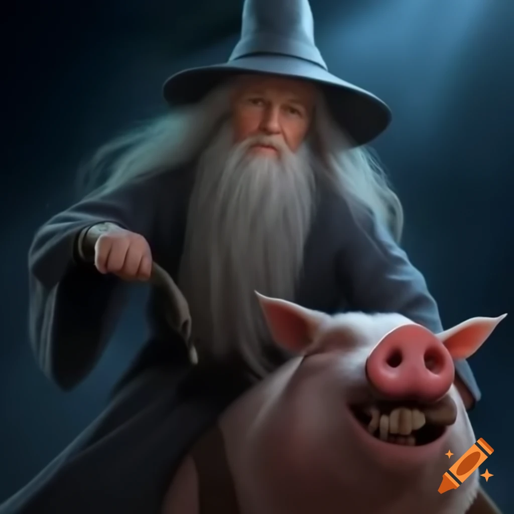 Gandalf character humorously riding a pig