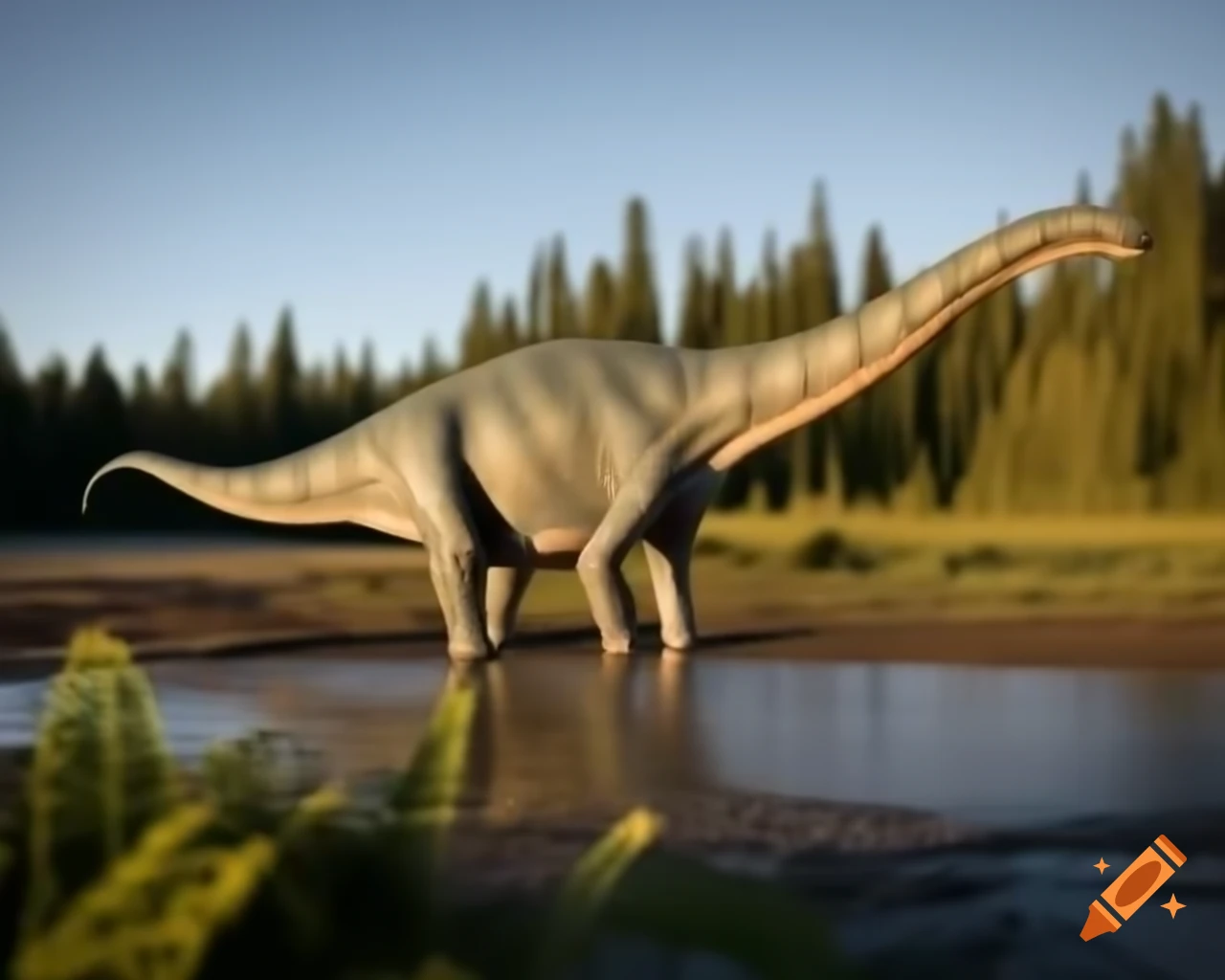 Light grey Diplodocus walking along muddy lake bank at sunset in British Columbia