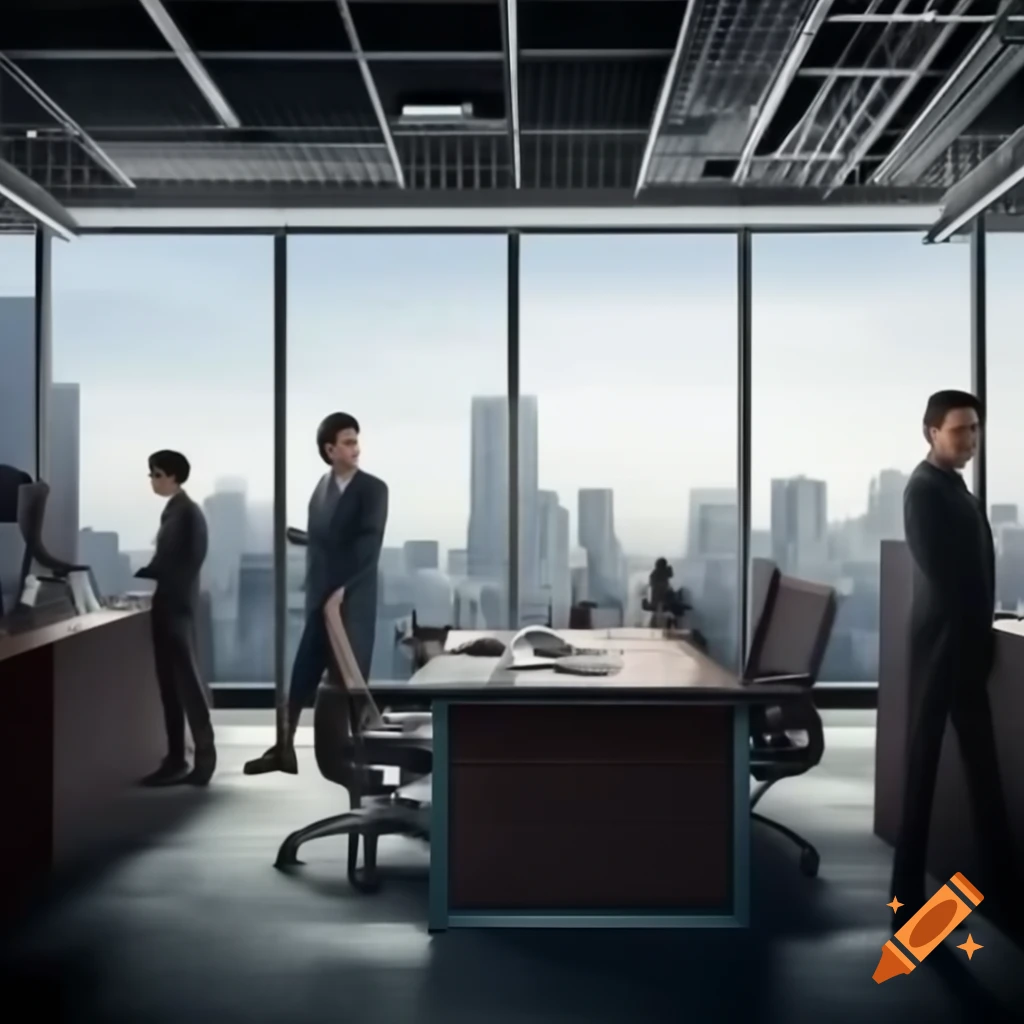 Modern law office with cityscape view featuring characters in tailored suits