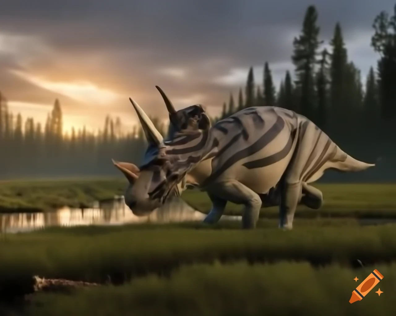 Herd of protoceratops crossing marsh during golden hour in British Columbia
