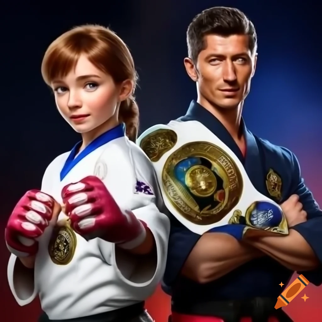 Split-screen of karate champion Anna with championship belt and footballer Robert Lewandowski with ball