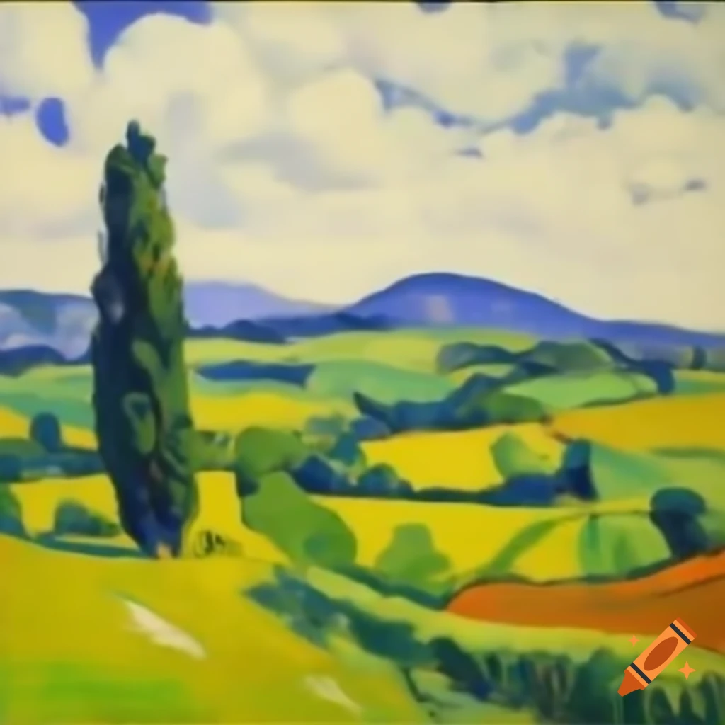 Expressionist landscape featuring a path and large milestones leading up a mountain