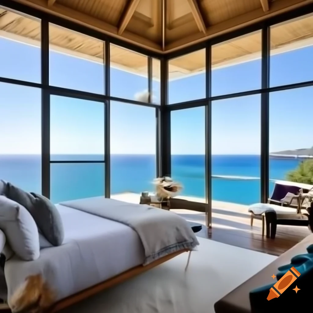 Luxury bedroom with big windows overlooking blue ocean