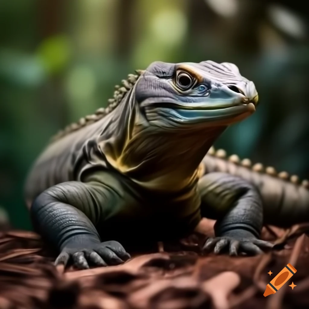 Realistic illustration of Komodo dragon lizard on forest floor