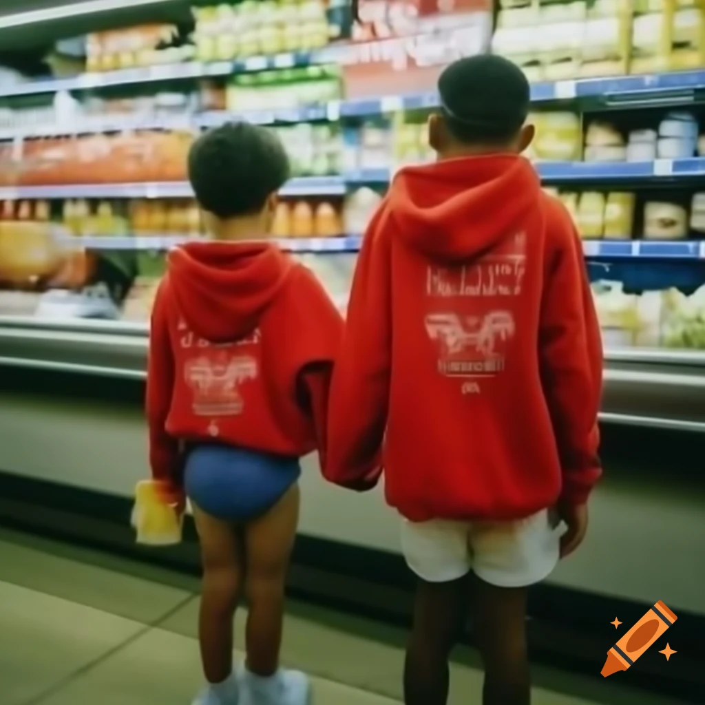 Boy in red hoodie standing beside mother in grocery store