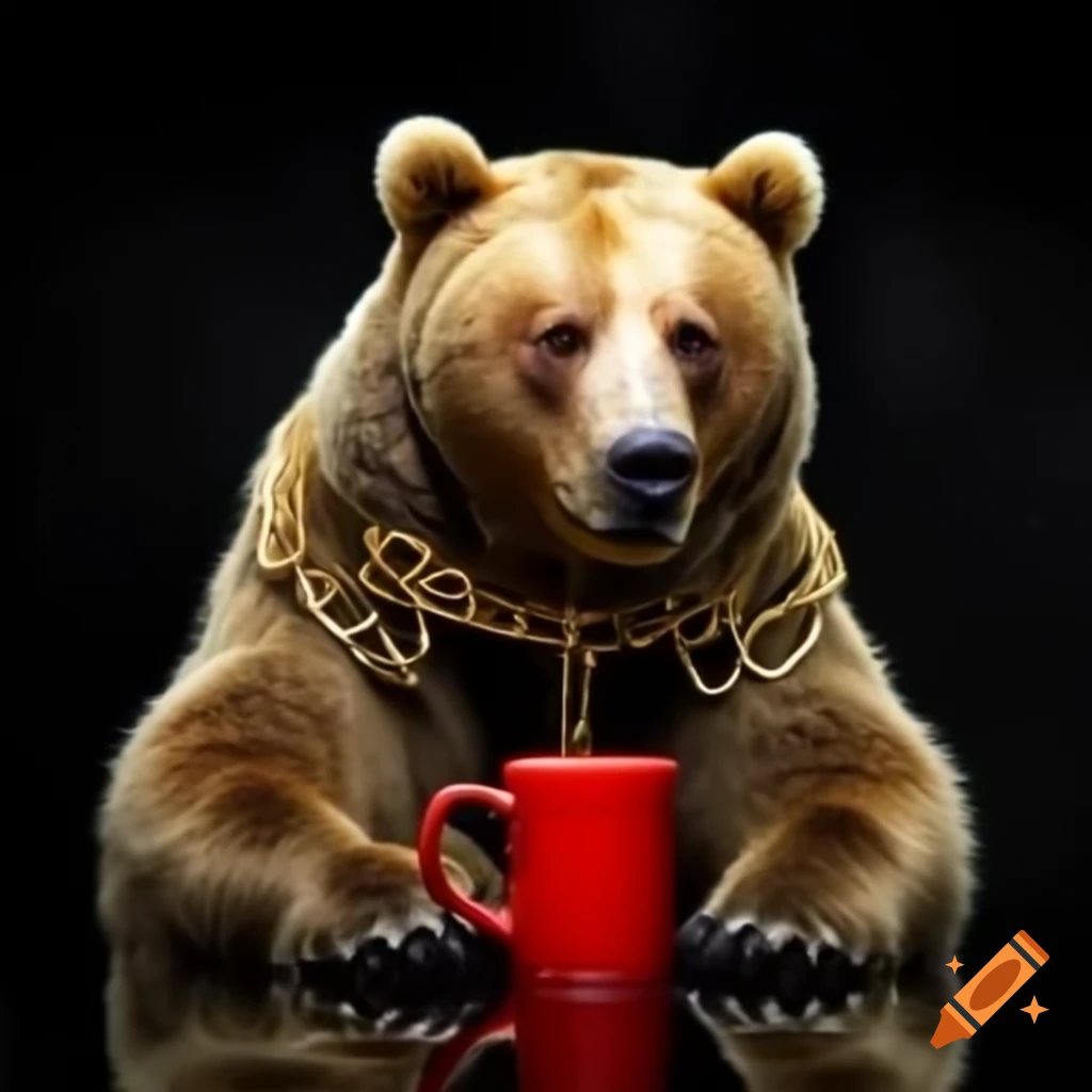 Bear wearing gold chains rapping into a red mug on black background