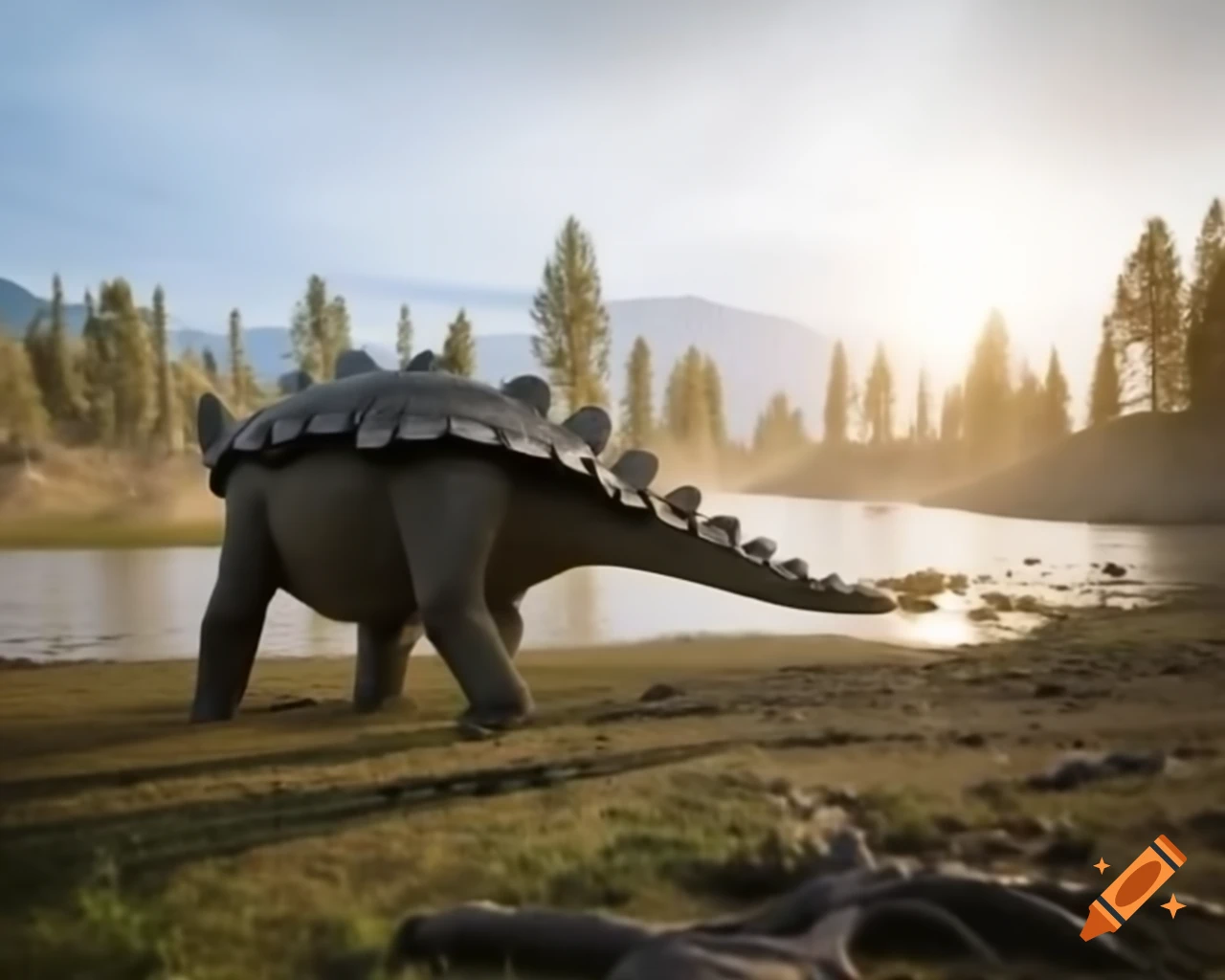 Ankylosaurus observing Diplodocus herd by sunny lake bank in British Columbia