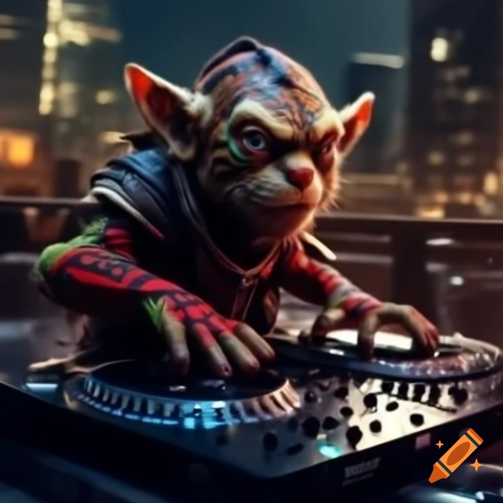 Black and red tiger goblin DJ performing at urban rooftop party