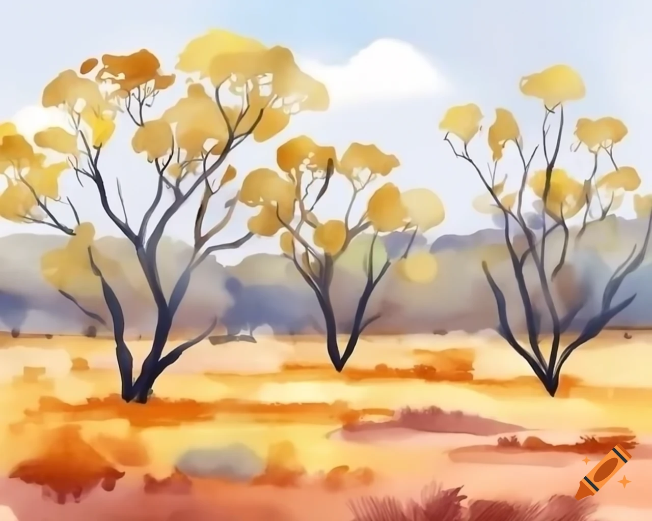 Australian bush scene in watercolor style reminiscent of Albert Namatjira