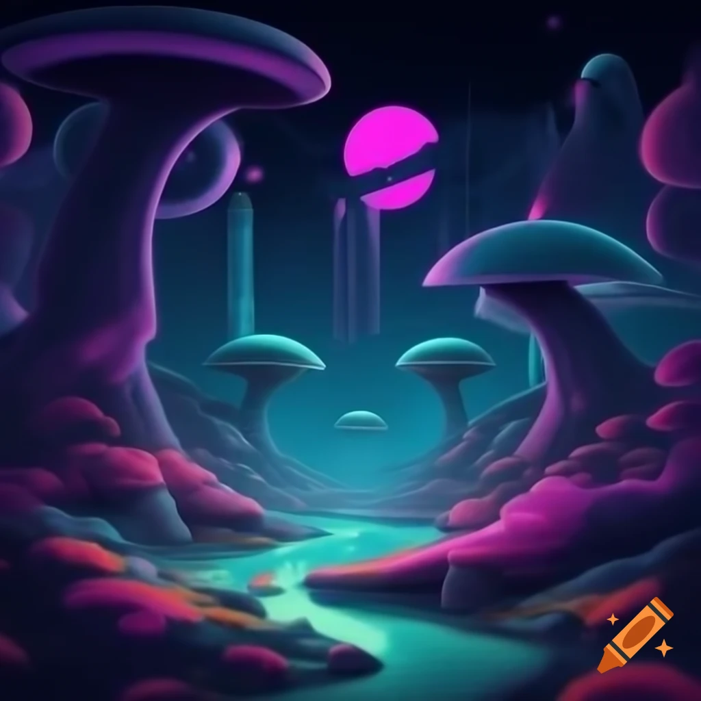 Surreal alien landscape with cool colors creating an eerie atmosphere