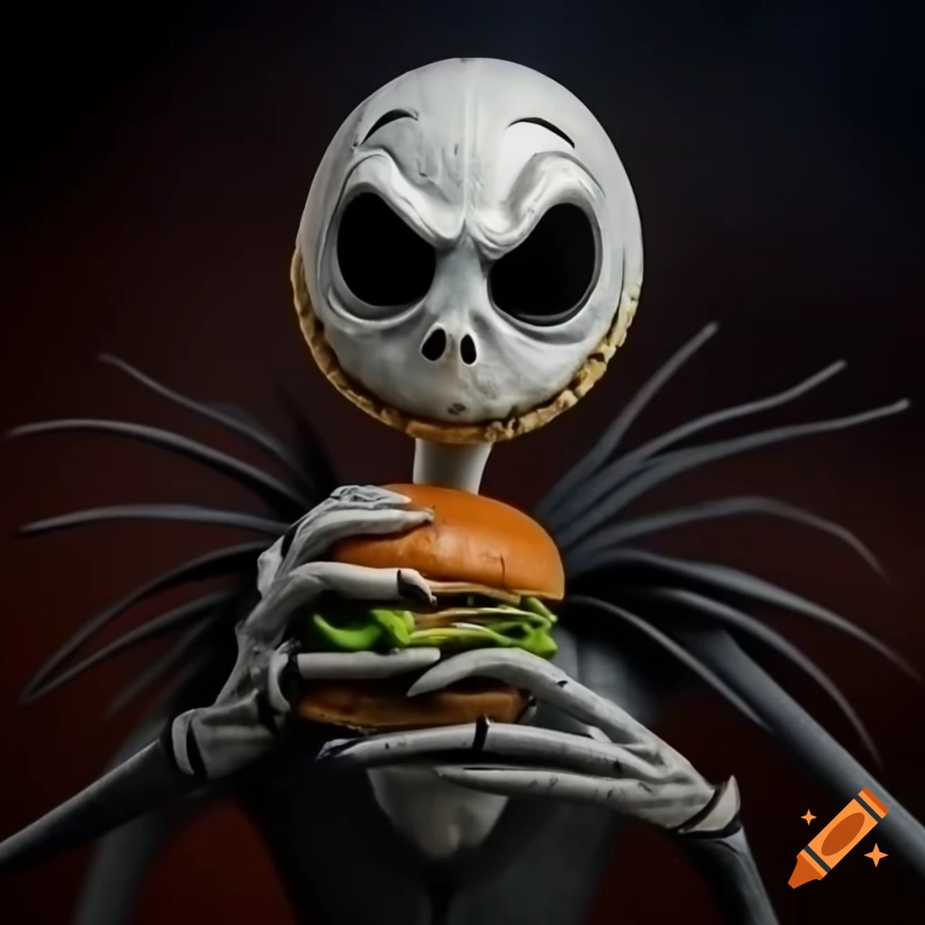 Realistic caricature of Jack Skellington eating a burger