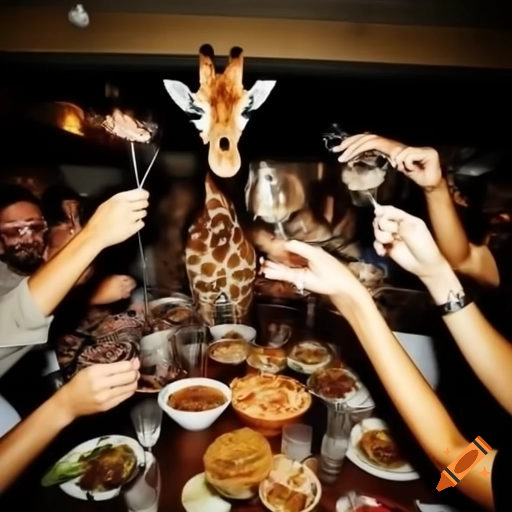 Surreal dinner party with giraffes and small telephones as food