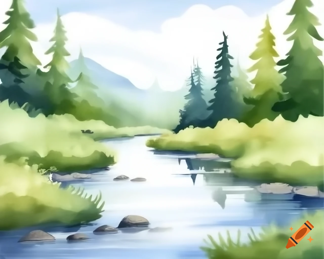 Reflective river in watercolor shades, storybook style