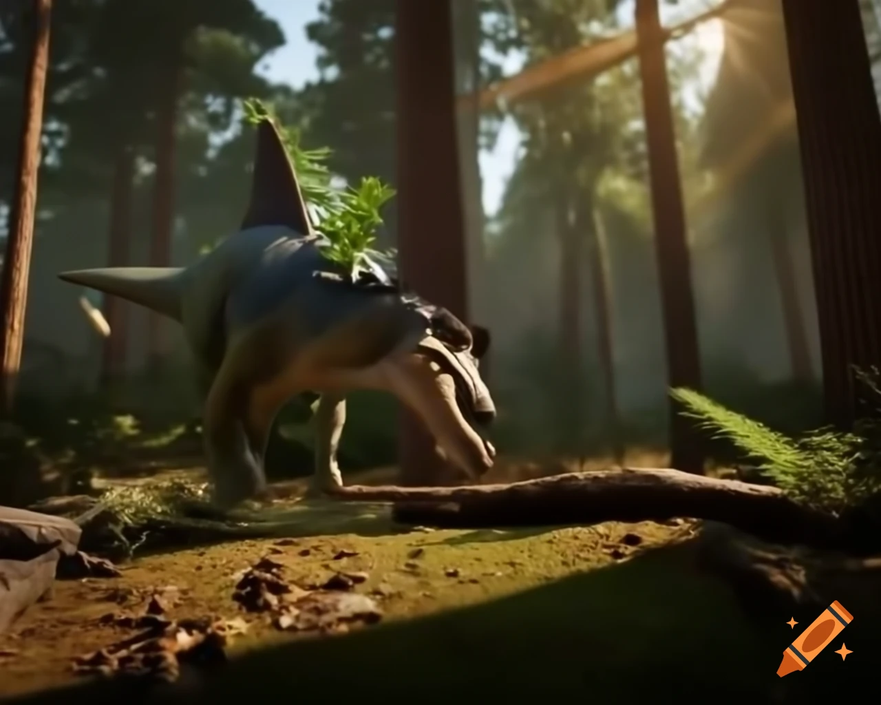 Allosaurus attacking Stegosaurus in sunny cedar forest clearing