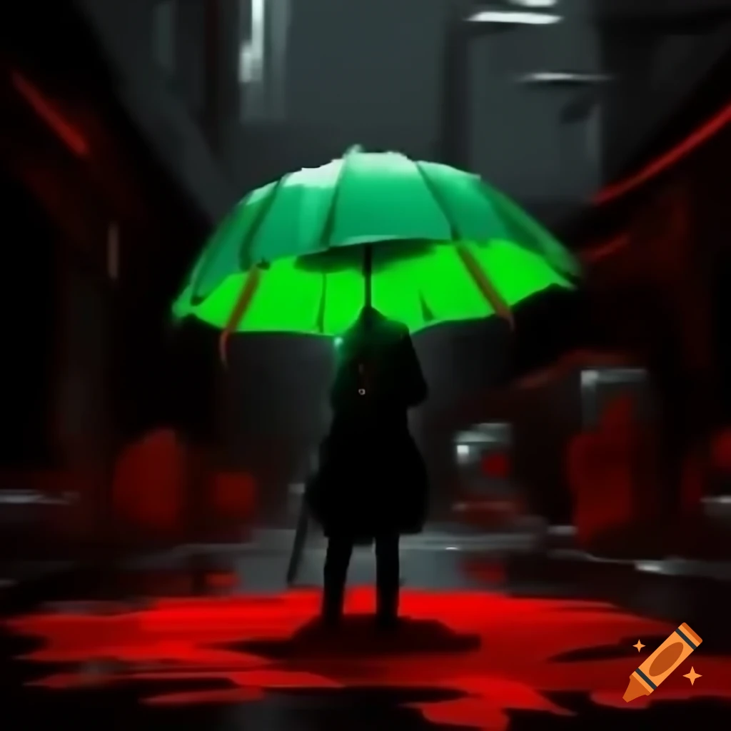 Green umbrella in an urban environment called Blood City