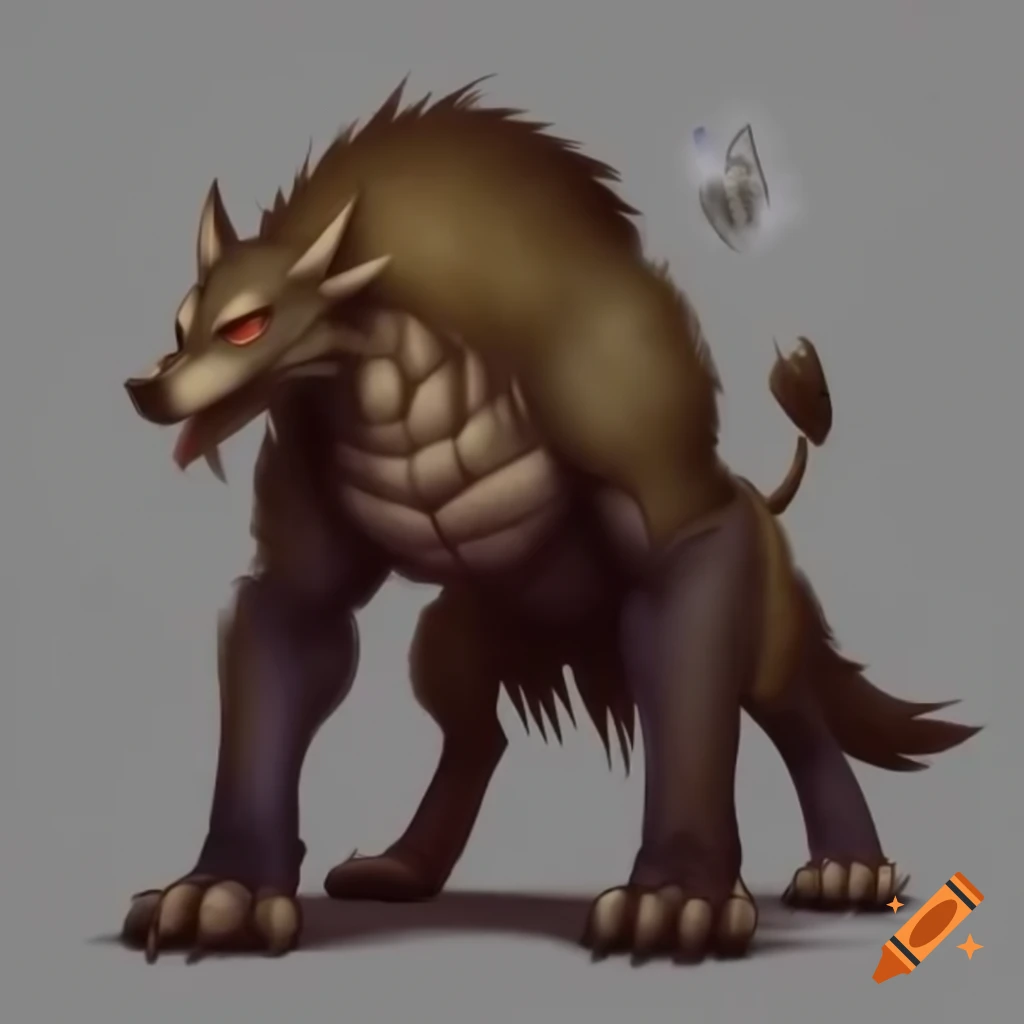 Fantasy chimera with wolf torso, falcon legs, and bear head
