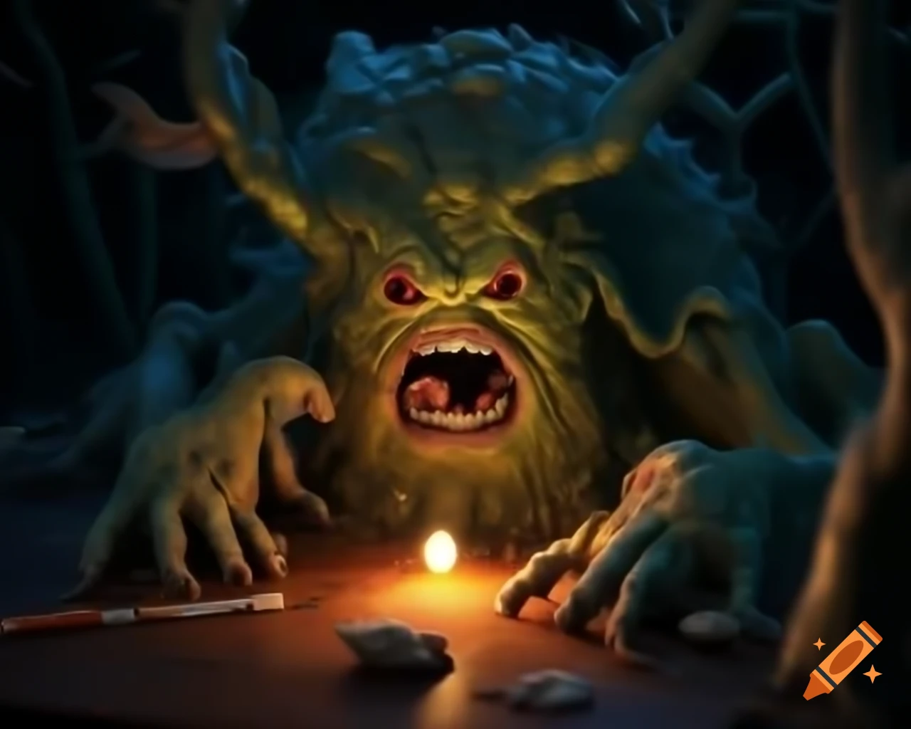 Hyper-realistic 3D tree monster with fangs on wooden table surrounded by gluttony props in dark woods