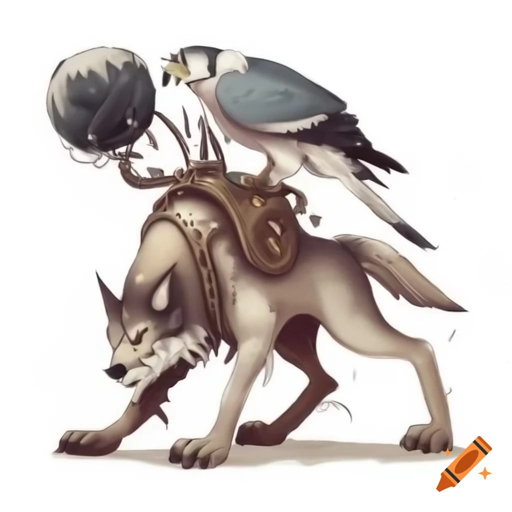 Fantasy creature with wolf head and falcon legs, feathered back and mane