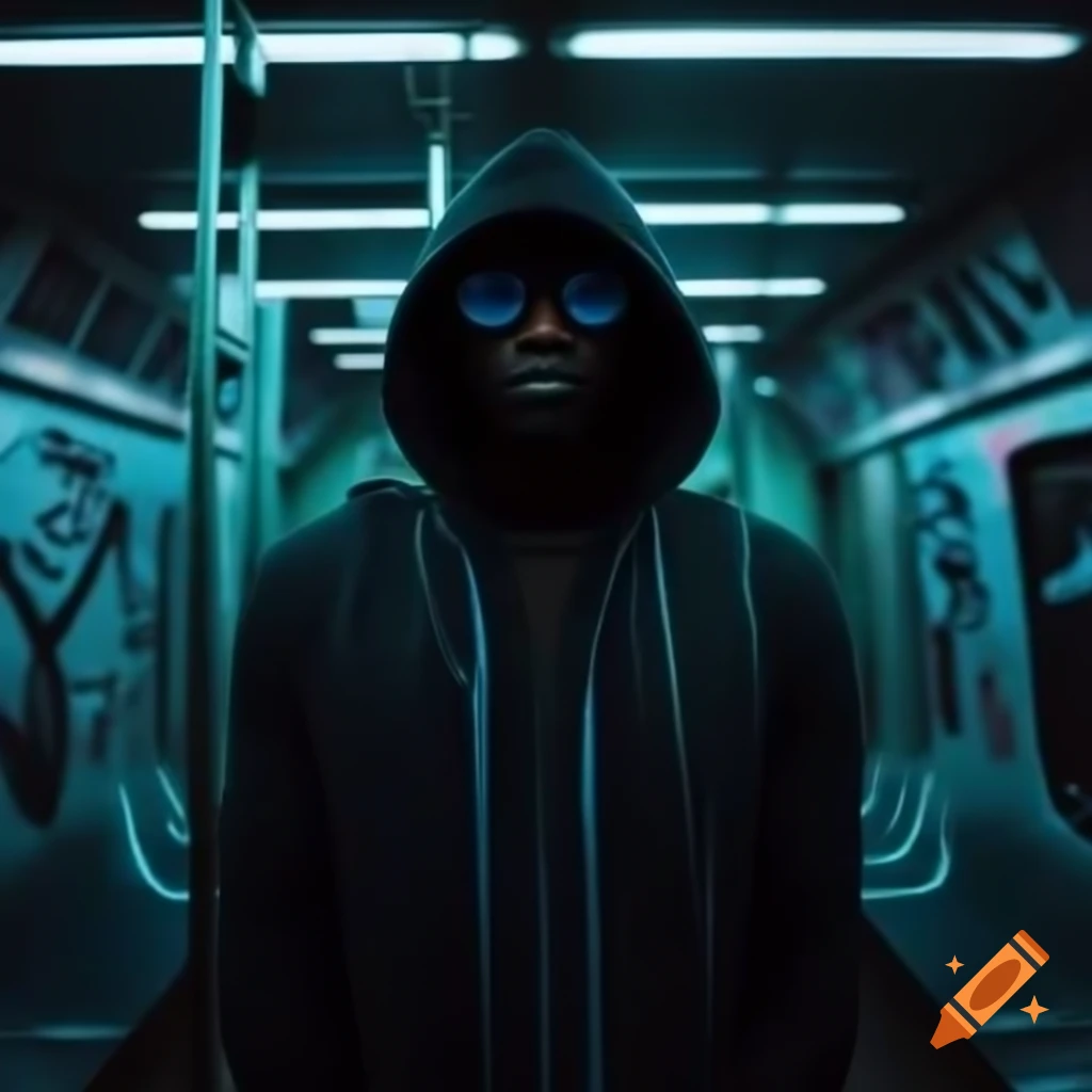 Lonely person in hoodie standing in a dimly lit metro with graffiti and neon lights
