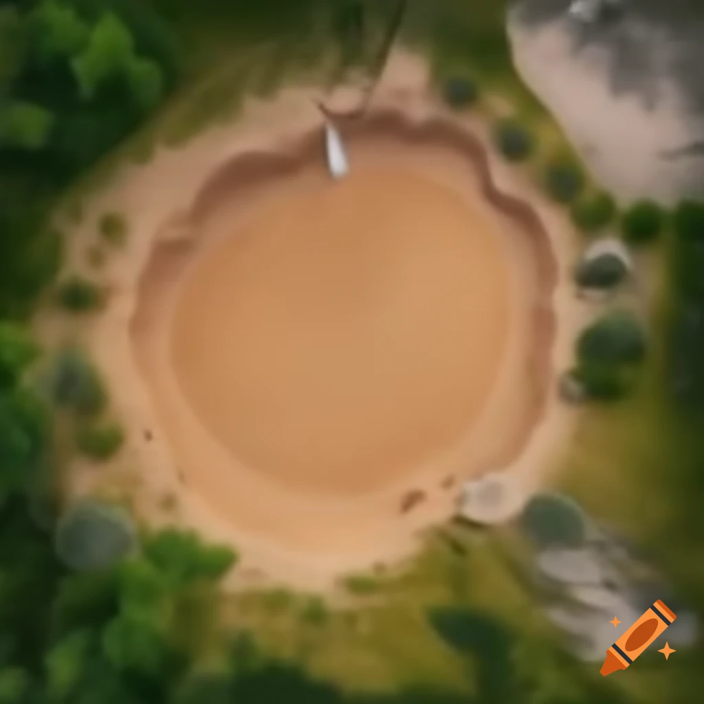 Overhead view of large sandy rocky pit with pockets of tar