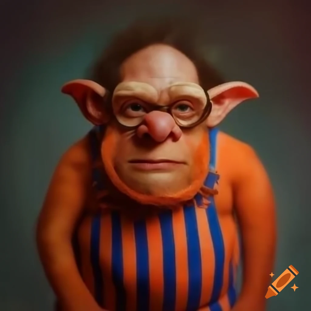 Person with dwarfism in orange and blue striped jumpsuit