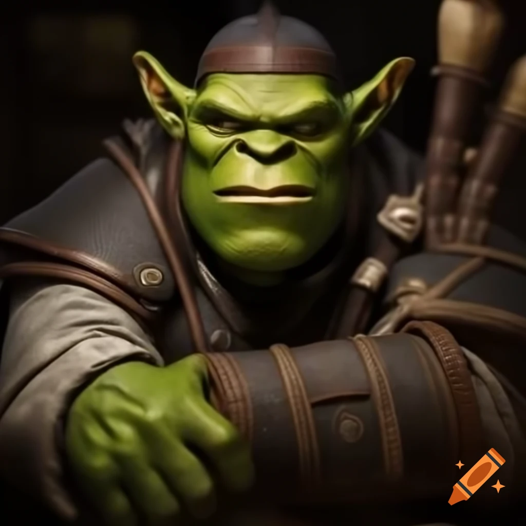 Smirking green orc professor in university mantle and cap holding scrolls
